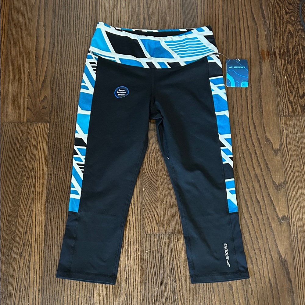 NEW Brooks Black and Turquoise Geometric Capri Running Tights M